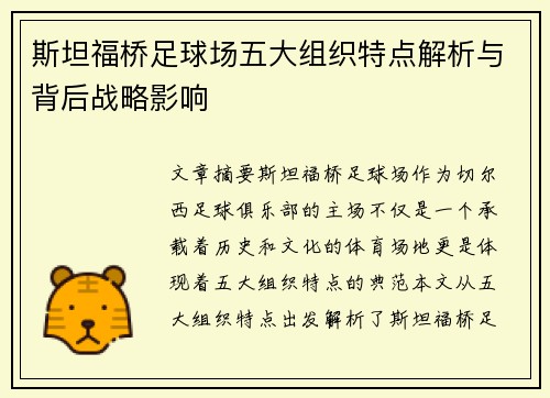 斯坦福桥足球场五大组织特点解析与背后战略影响